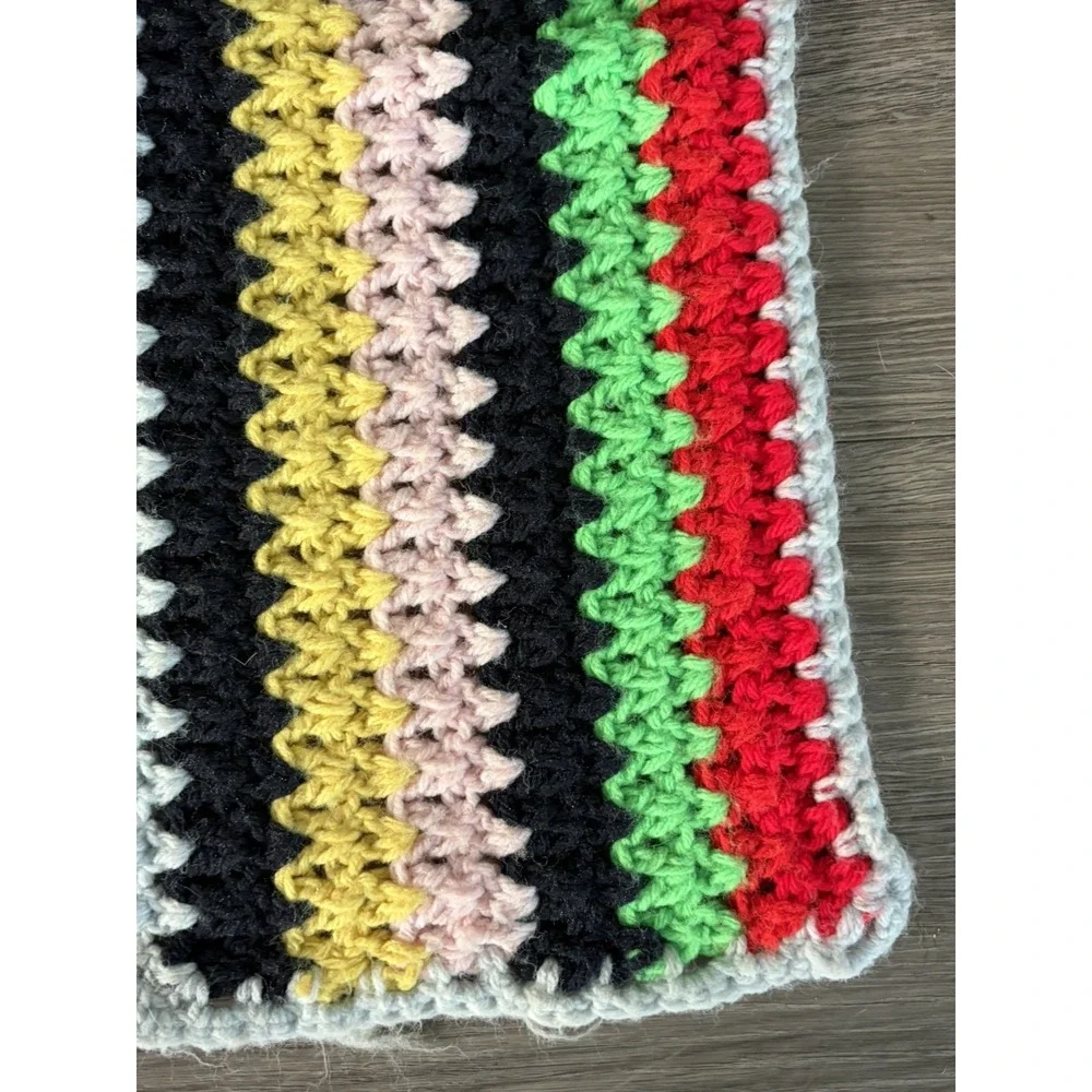 80s Vintage Rainbow Stripe Handmade Crochet Knit Afghan Throw Blanket XL 100x50